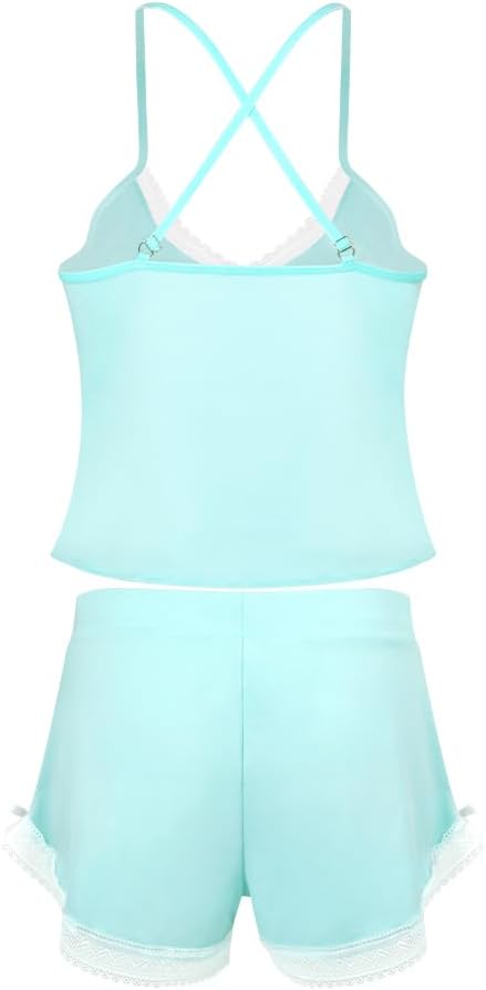 VicSec Set Pigiama Estivo da Donna Abbigliamento Casual da Notte 2 Pezzi Pigiama in Pizzo Canotta Morbida Canotta con Scollo a V Profondo Pigiama, Pigiama Corto e Ampio Stile Babydoll con Spalline