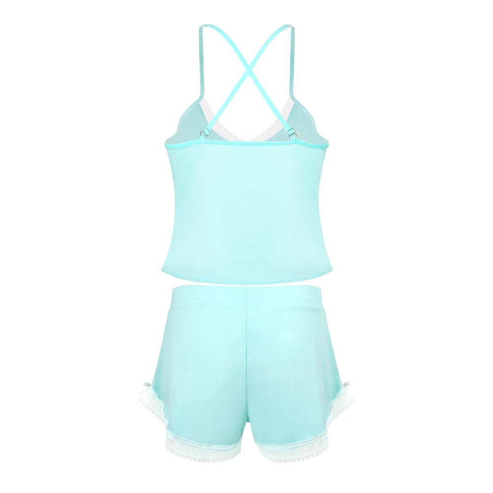 VicSec Set Pigiama Estivo da Donna Abbigliamento Casual da Notte 2 Pezzi Pigiama in Pizzo Canotta Morbida Canotta con Scollo a V Profondo Pigiama, Pigiama Corto e Ampio Stile Babydoll con Spalline