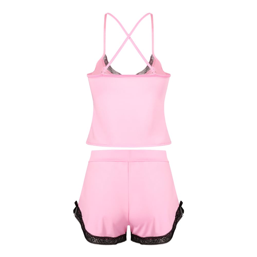 VicSec Set Pigiama Estivo da Donna Abbigliamento Casual da Notte 2 Pezzi Pigiama in Pizzo Canotta Morbida Canotta con Scollo a V Profondo Pigiama, Pigiama Corto e Ampio Stile Babydoll con Spalline