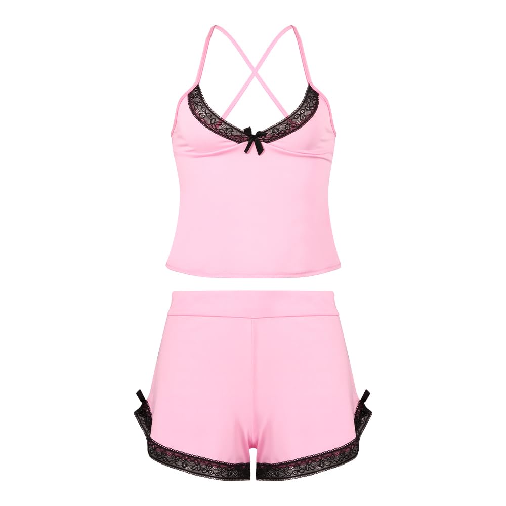 VicSec Set Pigiama Estivo da Donna Abbigliamento Casual da Notte 2 Pezzi Pigiama in Pizzo Canotta Morbida Canotta con Scollo a V Profondo Pigiama, Pigiama Corto e Ampio Stile Babydoll con Spalline