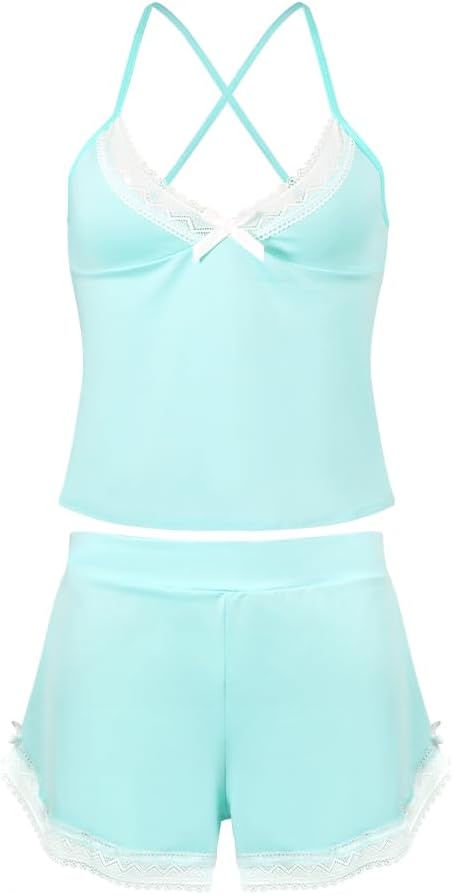 VicSec Set Pigiama Estivo da Donna Abbigliamento Casual da Notte 2 Pezzi Pigiama in Pizzo Canotta Morbida Canotta con Scollo a V Profondo Pigiama, Pigiama Corto e Ampio Stile Babydoll con Spalline
