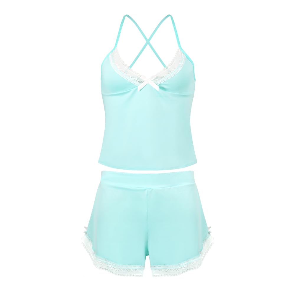 VicSec Set Pigiama Estivo da Donna Abbigliamento Casual da Notte 2 Pezzi Pigiama in Pizzo Canotta Morbida Canotta con Scollo a V Profondo Pigiama, Pigiama Corto e Ampio Stile Babydoll con Spalline