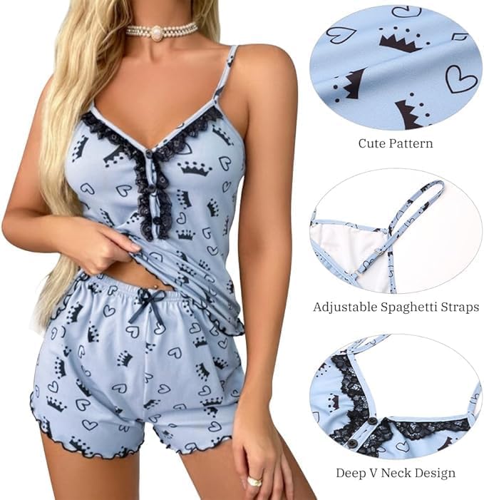 VicSec Set Pigiama da Donna a 2 Pezzi Estivo Stampato con Canotta Senza Maniche e Pantaloncini Pigiama da Donna con Scollo a V, Abbigliamento Casual da Casa Spalline Bottoni Completo con Stampa, S-XL