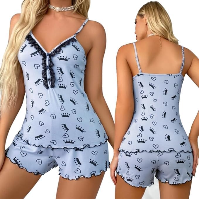 VicSec Set Pigiama da Donna a 2 Pezzi Estivo Stampato con Canotta Senza Maniche e Pantaloncini Pigiama da Donna con Scollo a V, Abbigliamento Casual da Casa Spalline Bottoni Completo con Stampa, S-XL