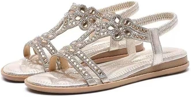 Sandali bassi da donna, eleganti, estivi, da spiaggia, bohémien, con strass, cinturino alla caviglia, antiscivolo