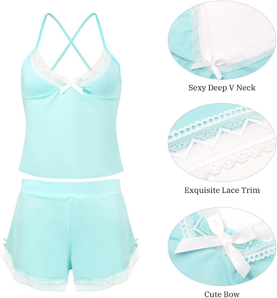 VicSec Set Pigiama Estivo da Donna Abbigliamento Casual da Notte 2 Pezzi Pigiama in Pizzo Canotta Morbida Canotta con Scollo a V Profondo Pigiama, Pigiama Corto e Ampio Stile Babydoll con Spalline
