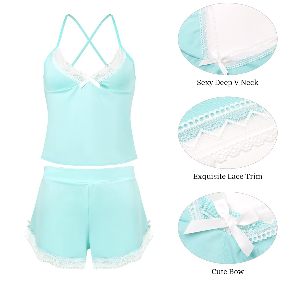 VicSec Set Pigiama Estivo da Donna Abbigliamento Casual da Notte 2 Pezzi Pigiama in Pizzo Canotta Morbida Canotta con Scollo a V Profondo Pigiama, Pigiama Corto e Ampio Stile Babydoll con Spalline