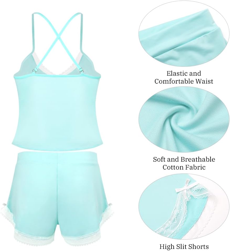 VicSec Set Pigiama Estivo da Donna Abbigliamento Casual da Notte 2 Pezzi Pigiama in Pizzo Canotta Morbida Canotta con Scollo a V Profondo Pigiama, Pigiama Corto e Ampio Stile Babydoll con Spalline