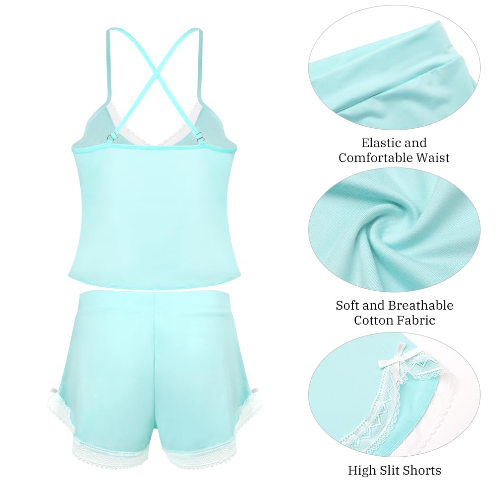 VicSec Set Pigiama Estivo da Donna Abbigliamento Casual da Notte 2 Pezzi Pigiama in Pizzo Canotta Morbida Canotta con Scollo a V Profondo Pigiama, Pigiama Corto e Ampio Stile Babydoll con Spalline