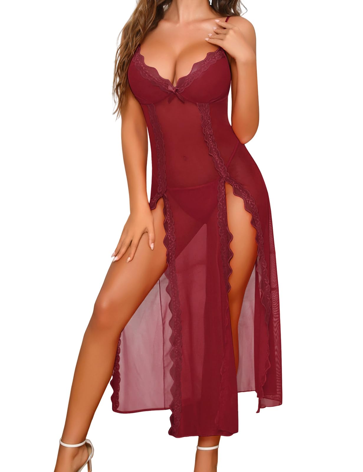 Niwicee Lingerie Donna Sexy Intima Babydoll Pizzo Maglia Lunga Trasparente Pigiama Abito Chemise con Collo a V Fessura Laterale Camicia da Notte Mesh con Perizoma