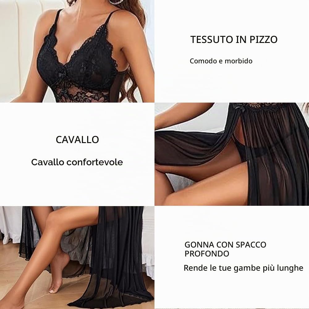 Lingerie Donna Sexy Babydoll in Pizzo e Tulle Trasparente con Scollo a V Corsetto con Spacco Laterale Camicia da Notte Maxi Seducente