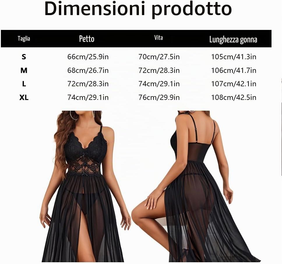 Lingerie Donna Sexy Babydoll in Pizzo e Tulle Trasparente con Scollo a V Corsetto con Spacco Laterale Camicia da Notte Maxi Seducente