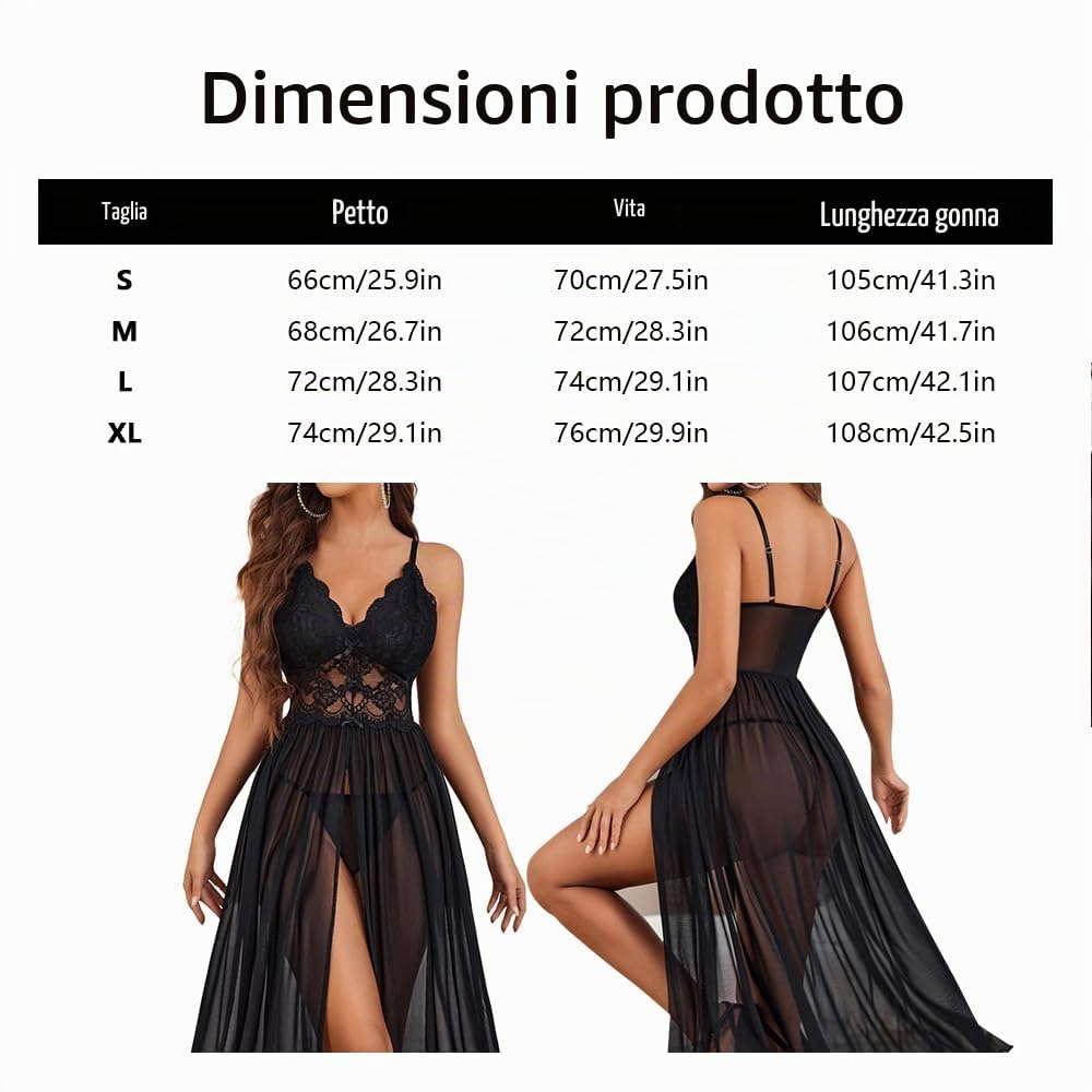 Lingerie Donna Sexy Babydoll in Pizzo e Tulle Trasparente con Scollo a V Corsetto con Spacco Laterale Camicia da Notte Maxi Seducente