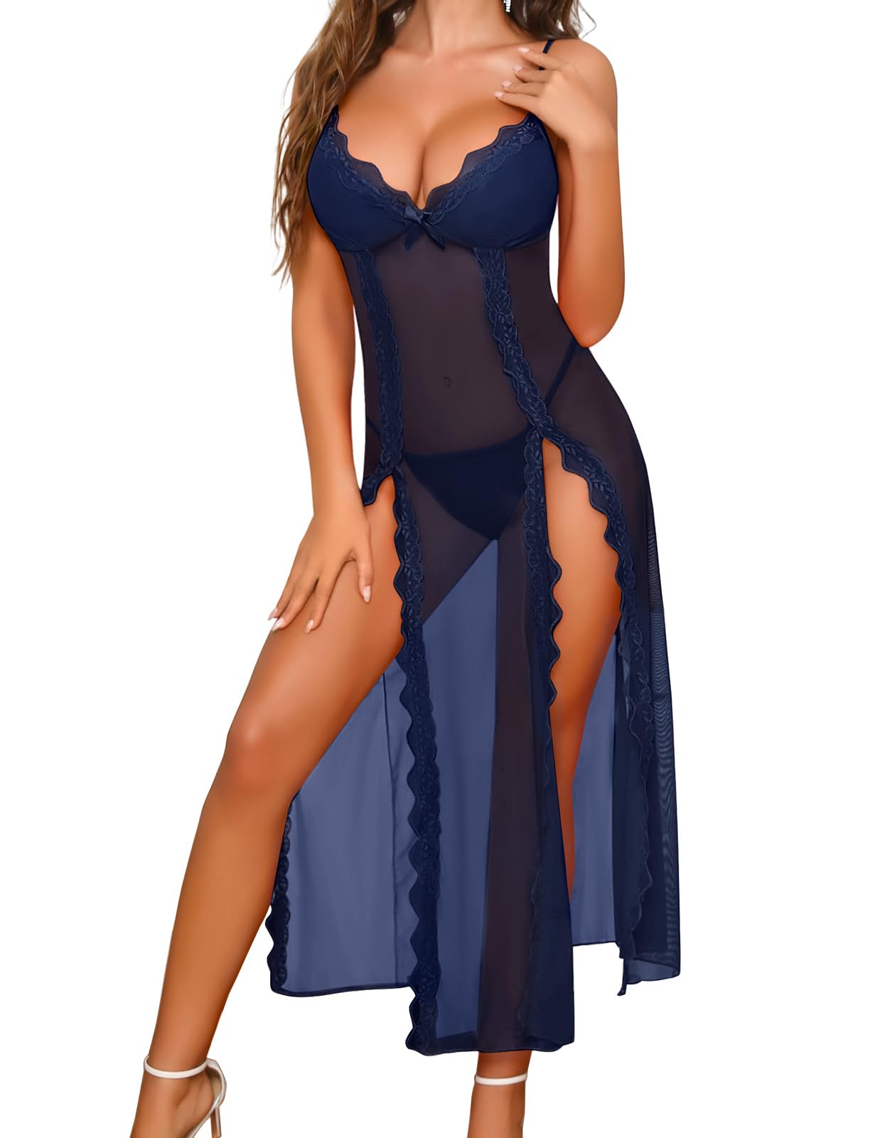 Niwicee Lingerie Donna Sexy Intima Babydoll Pizzo Maglia Lunga Trasparente Pigiama Abito Chemise con Collo a V Fessura Laterale Camicia da Notte Mesh con Perizoma