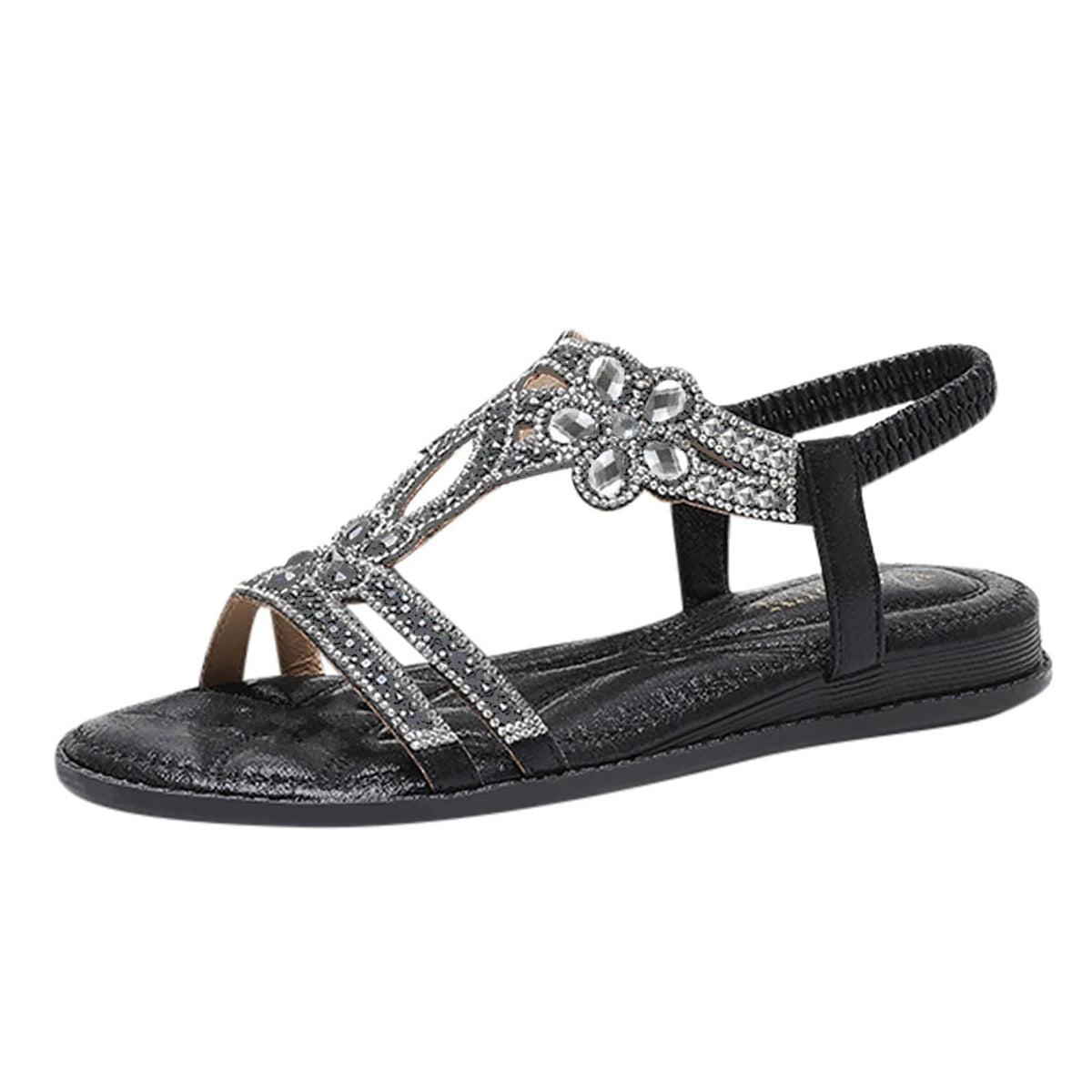 Sandali bassi da donna, eleganti, estivi, da spiaggia, bohémien, con strass, cinturino alla caviglia, antiscivolo