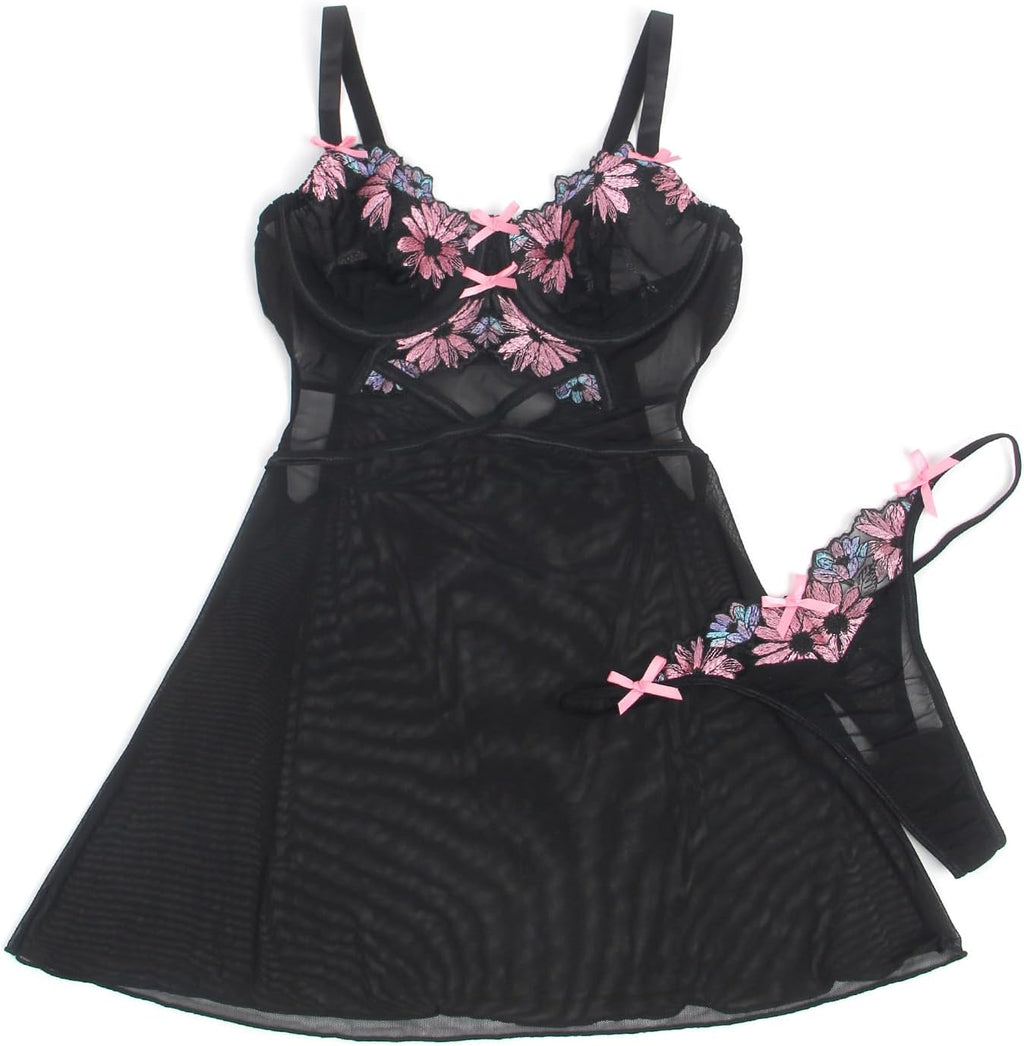 ohmydear Babydoll Donna Pizzo con Ricamo Completo Intimo con Reggiseno Push Up e G-String Camicia da Notte Donna Spalline Regolabile Lingerie Hot Cruvy Abito Senza Schienale