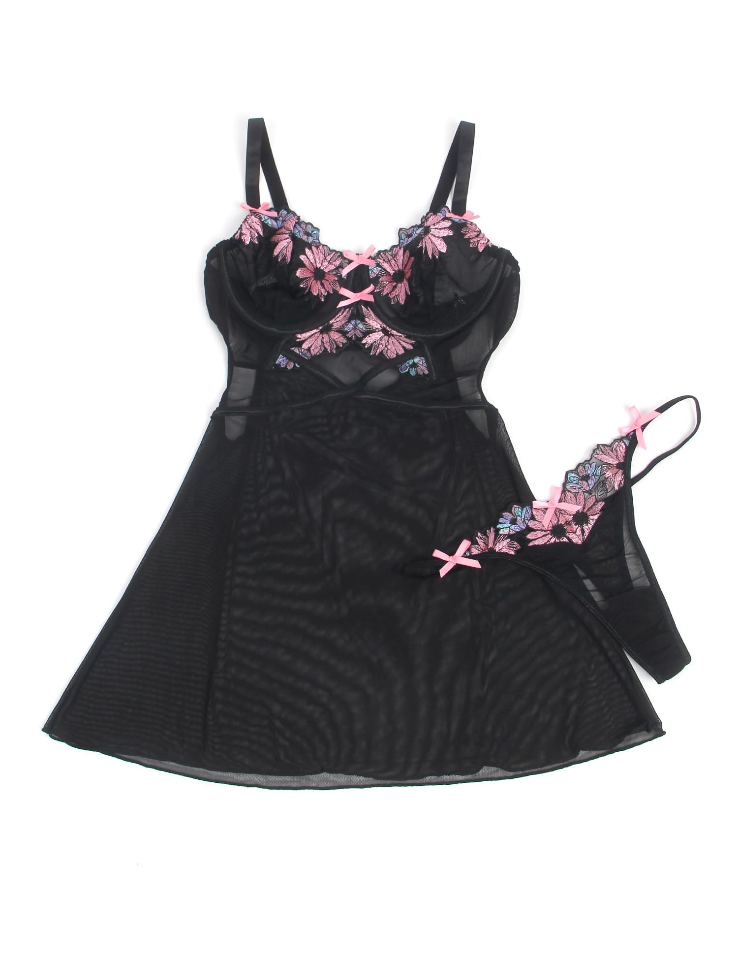 ohmydear Babydoll Donna Pizzo con Ricamo Completo Intimo con Reggiseno Push Up e G-String Camicia da Notte Donna Spalline Regolabile Lingerie Hot Cruvy Abito Senza Schienale