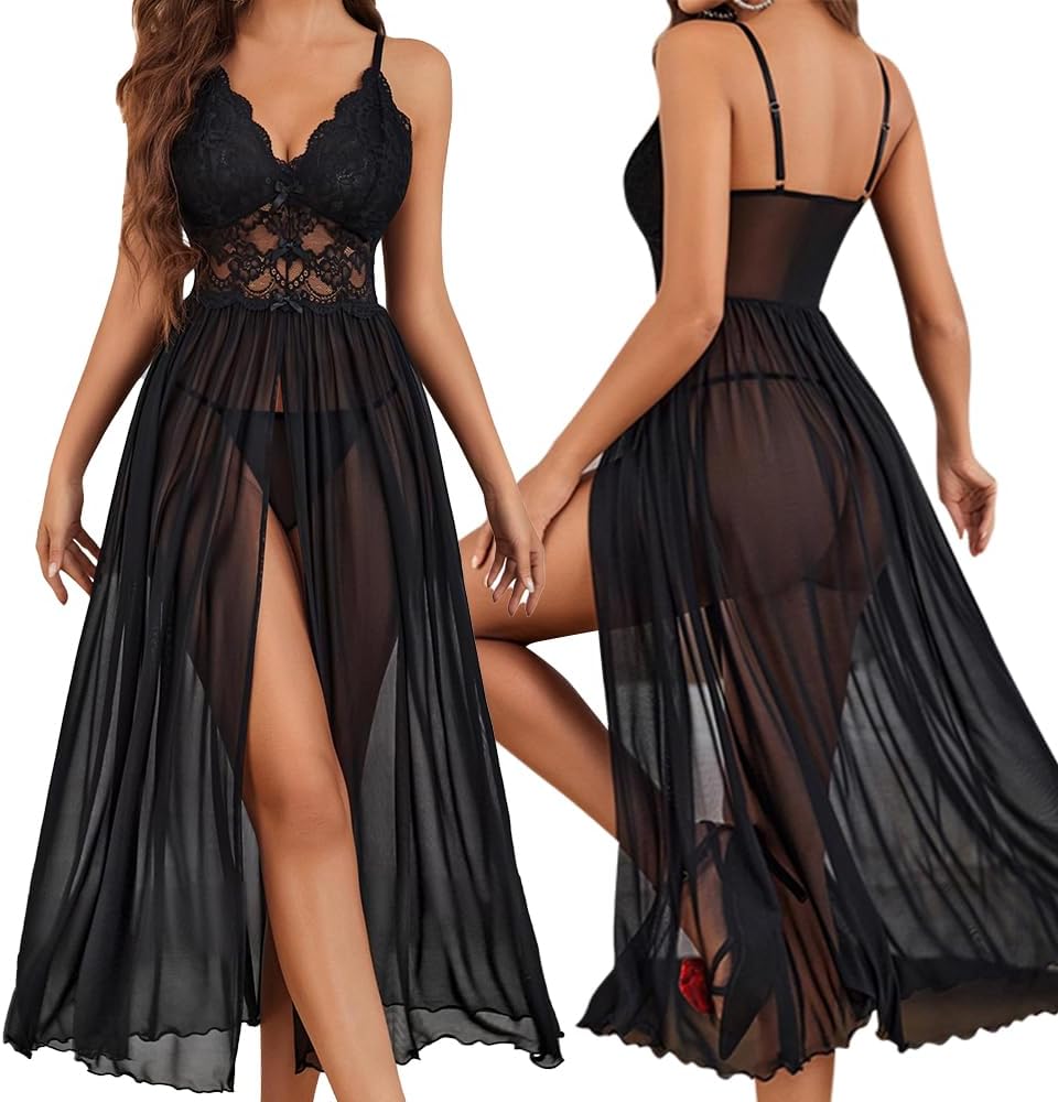 Lingerie Donna Sexy Babydoll in Pizzo e Tulle Trasparente con Scollo a V Corsetto con Spacco Laterale Camicia da Notte Maxi Seducente