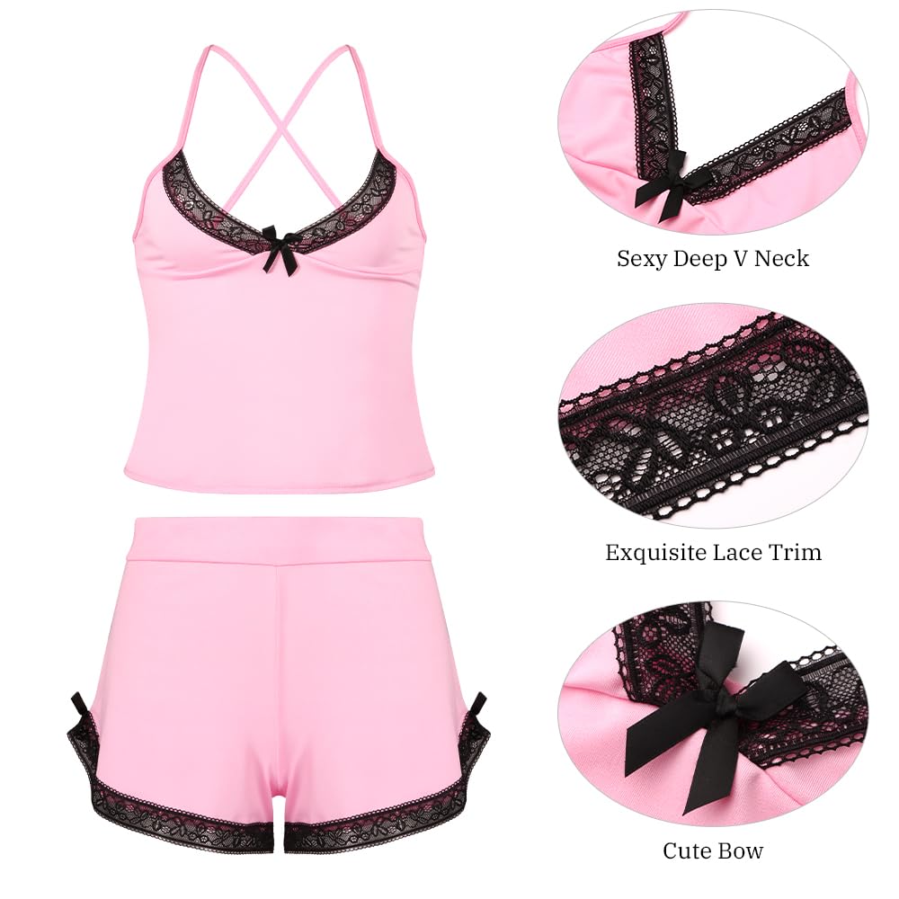 VicSec Set Pigiama Estivo da Donna Abbigliamento Casual da Notte 2 Pezzi Pigiama in Pizzo Canotta Morbida Canotta con Scollo a V Profondo Pigiama, Pigiama Corto e Ampio Stile Babydoll con Spalline