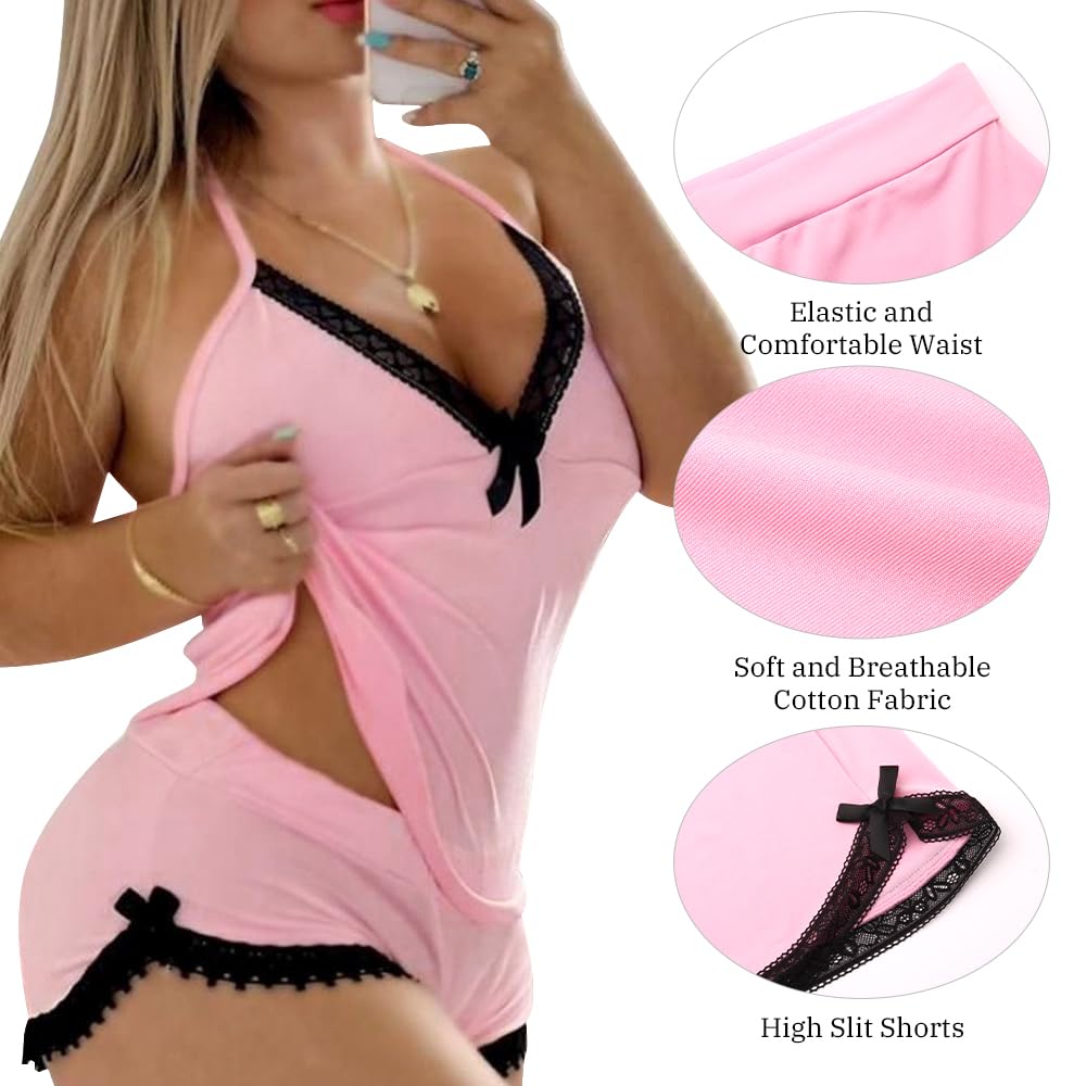 VicSec Set Pigiama Estivo da Donna Abbigliamento Casual da Notte 2 Pezzi Pigiama in Pizzo Canotta Morbida Canotta con Scollo a V Profondo Pigiama, Pigiama Corto e Ampio Stile Babydoll con Spalline