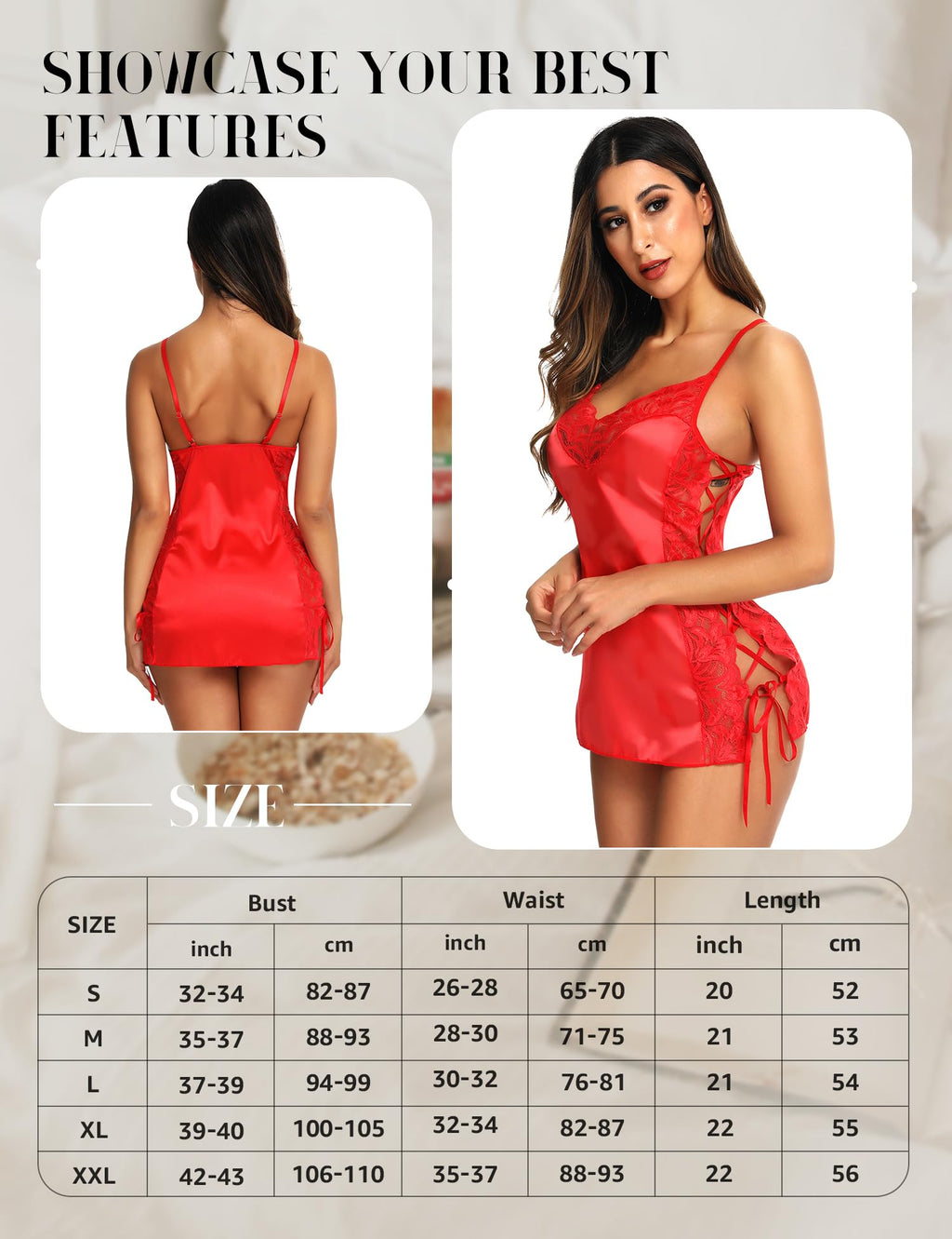 RSLOVE Lingerie Donna Babydoll Indumenti da Notte di Seta Sottoveste Sexy in Pizzo Vestaglia