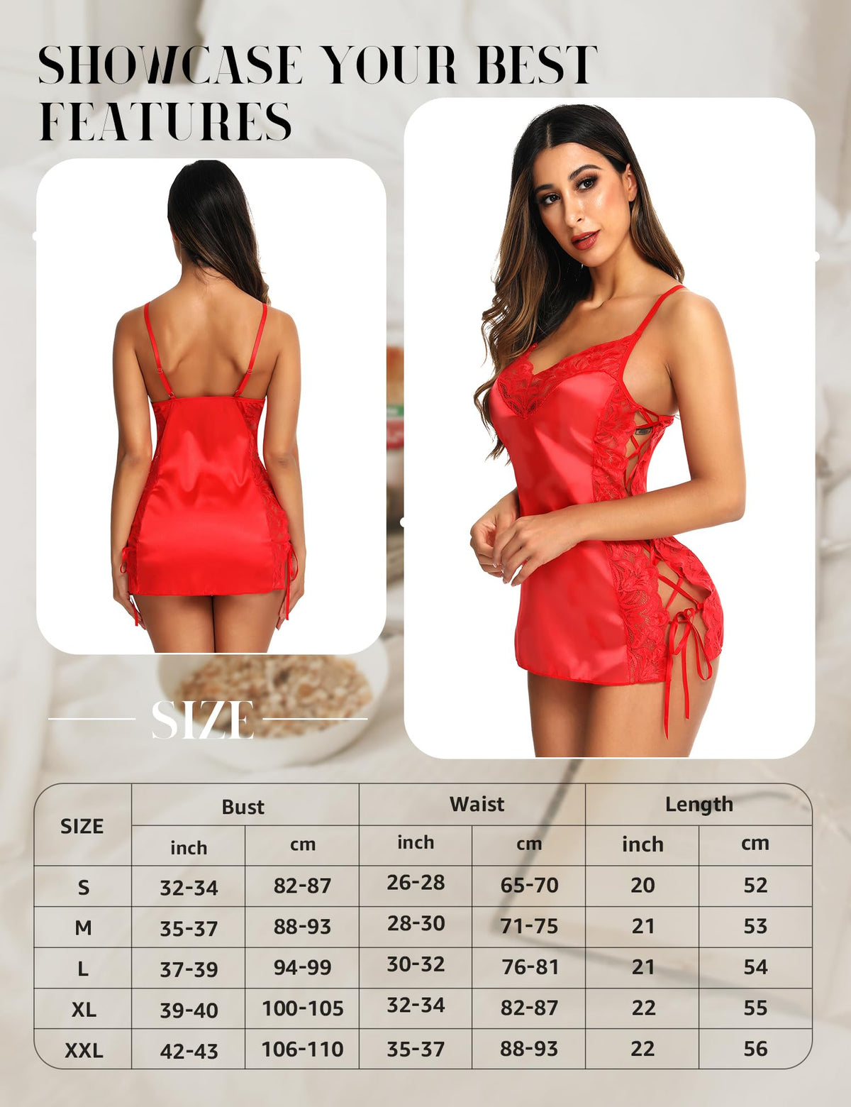RSLOVE Lingerie Donna Babydoll Indumenti da Notte di Seta Sottoveste Sexy in Pizzo Vestaglia