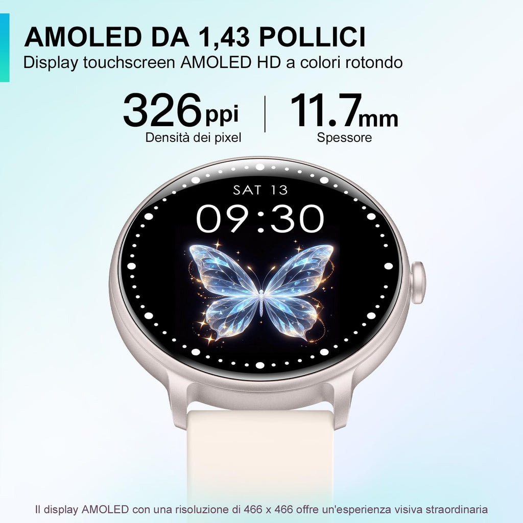 AcclaFit Smartwatch Uomo Donna con Chiamate Bluetooth, Orologio Fitness Rotondo da 1,38" con 147+ Modalità Sportive, Cardiofrequenzimetro, Sonno, IP68 Impermeabile, Compatibile con Android iOS