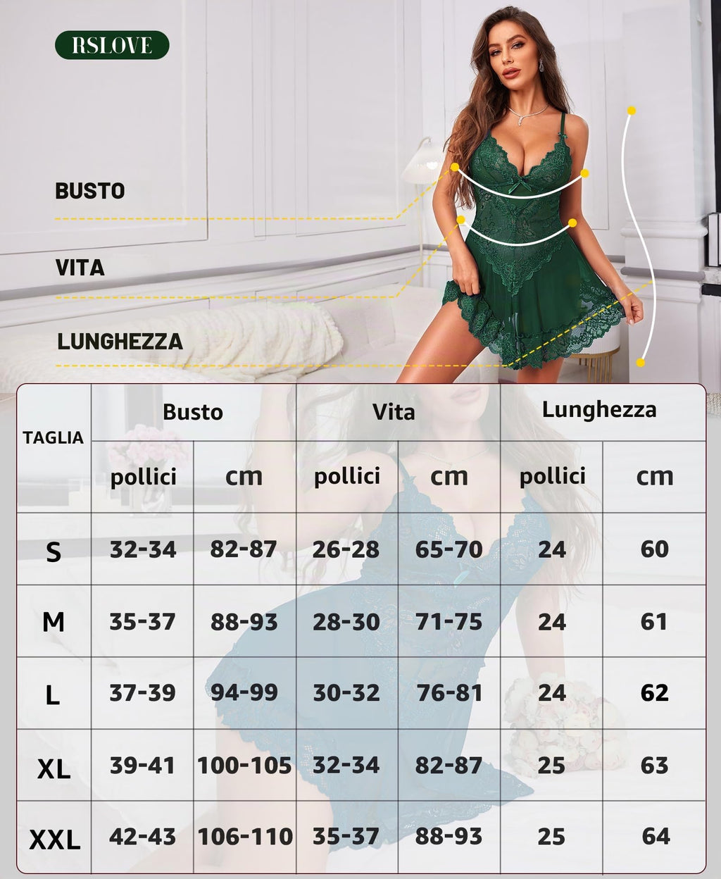 RSLOVE Lingerie per Donna Babydoll in Pizzo Camicia da Notte Sexy in Maglia Chemise con Scollo a V Abito da Notte