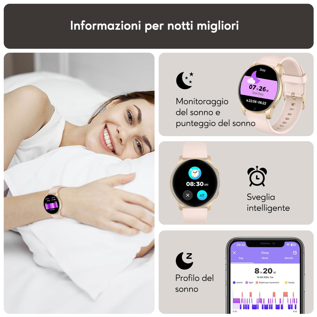AcclaFit Smartwatch Uomo Donna con Chiamate Bluetooth, Orologio Fitness Rotondo da 1,38" con 147+ Modalità Sportive, Cardiofrequenzimetro, Sonno, IP68 Impermeabile, Compatibile con Android iOS