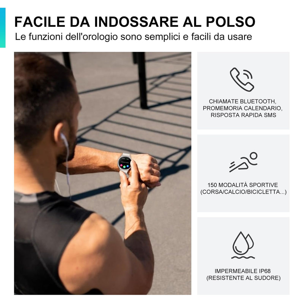 AcclaFit Smartwatch Uomo Donna con Chiamate Bluetooth, Orologio Fitness Rotondo da 1,38" con 147+ Modalità Sportive, Cardiofrequenzimetro, Sonno, IP68 Impermeabile, Compatibile con Android iOS