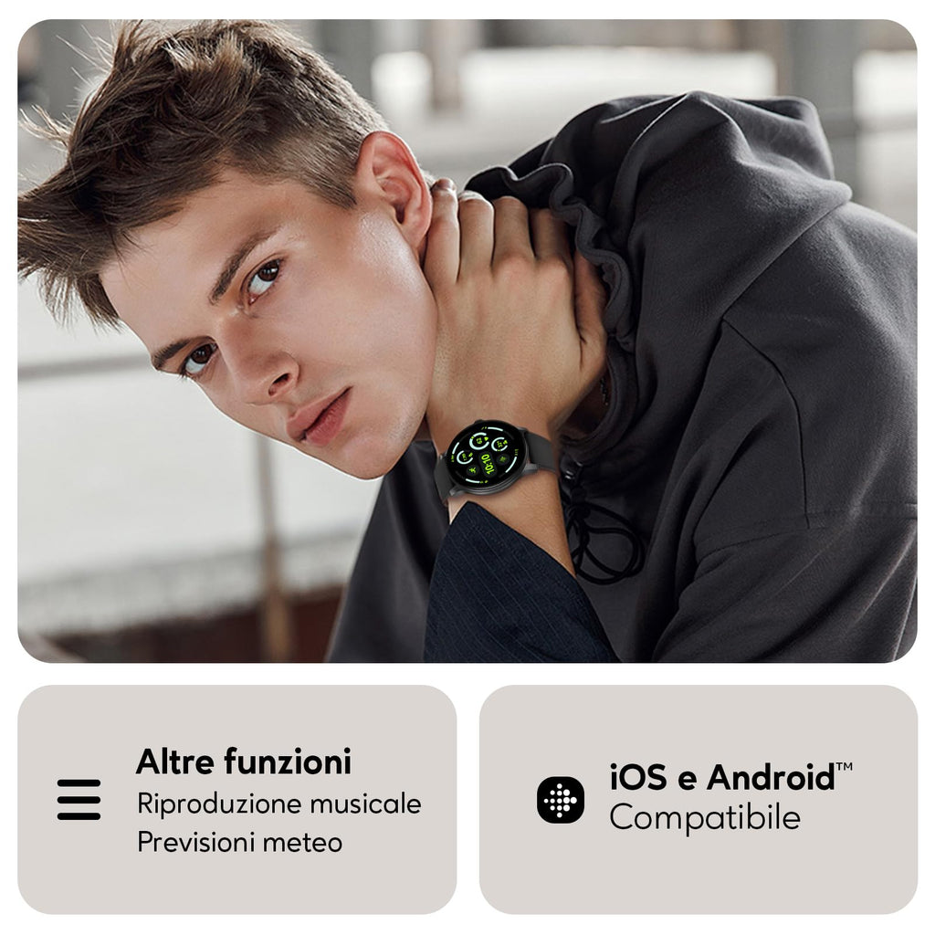 AcclaFit Smartwatch Uomo Donna con Chiamate Bluetooth, Orologio Fitness Rotondo da 1,38" con 147+ Modalità Sportive, Cardiofrequenzimetro, Sonno, IP68 Impermeabile, Compatibile con Android iOS