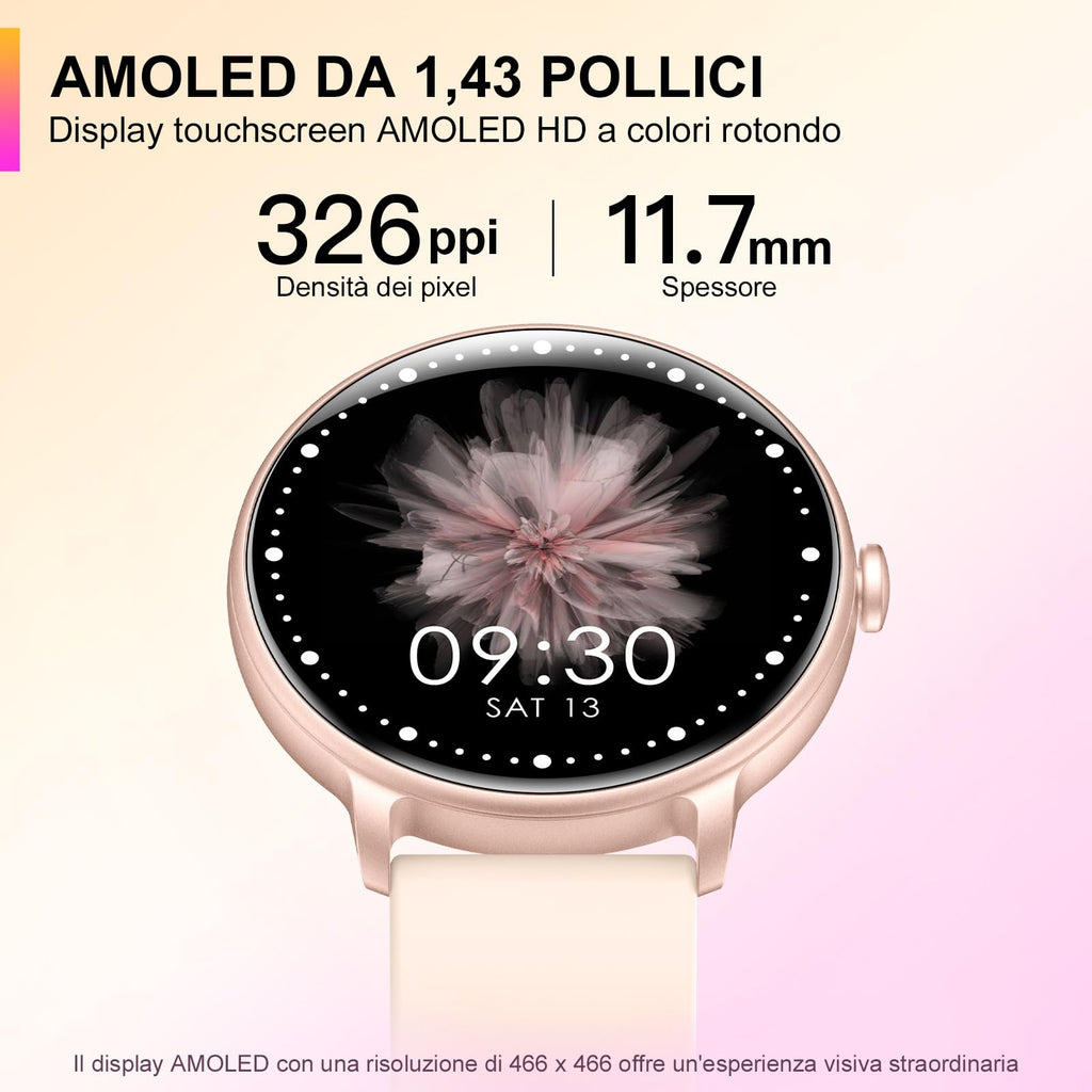 AcclaFit Smartwatch Uomo Donna con Chiamate Bluetooth, Orologio Fitness Rotondo da 1,38" con 147+ Modalità Sportive, Cardiofrequenzimetro, Sonno, IP68 Impermeabile, Compatibile con Android iOS