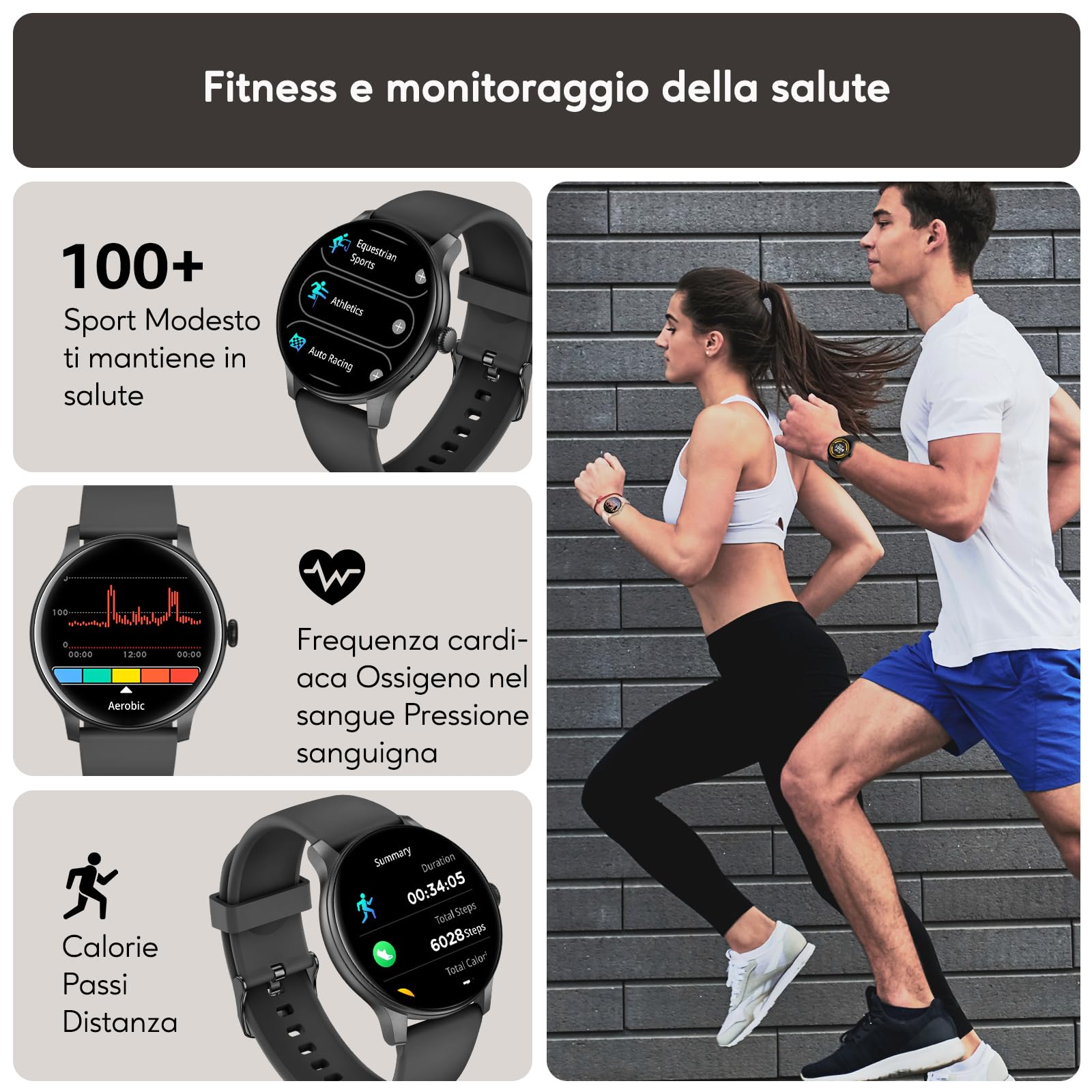 AcclaFit Smartwatch Uomo Donna con Chiamate Bluetooth, Orologio Fitness Rotondo da 1,38" con 147+ Modalità Sportive, Cardiofrequenzimetro, Sonno, IP68 Impermeabile, Compatibile con Android iOS
