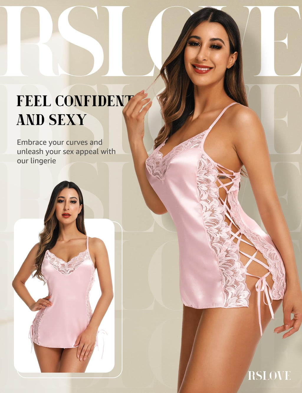 RSLOVE Lingerie Donna Babydoll Indumenti da Notte di Seta Sottoveste Sexy in Pizzo Vestaglia