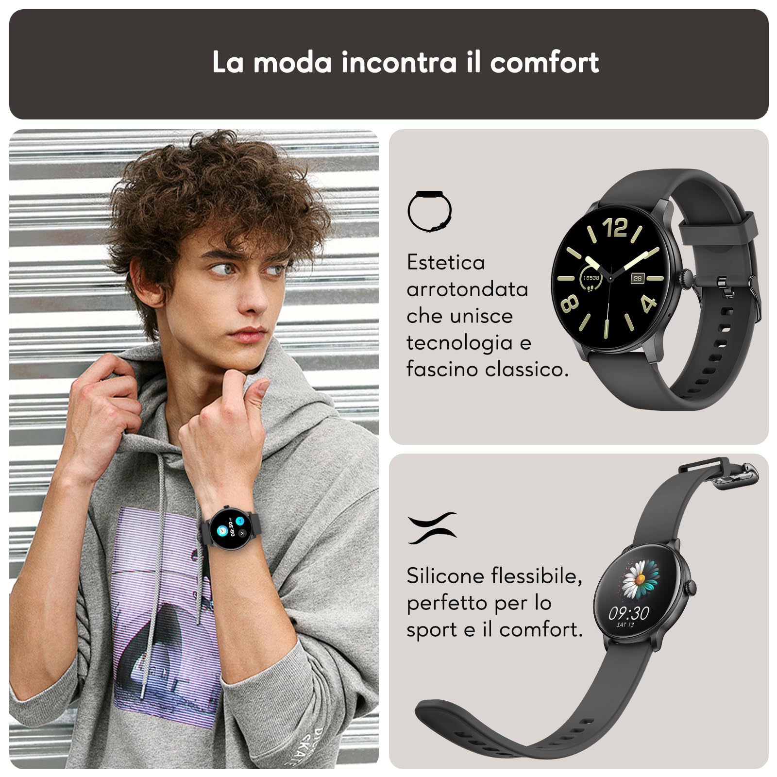 AcclaFit Smartwatch Uomo Donna con Chiamate Bluetooth, Orologio Fitness Rotondo da 1,38" con 147+ Modalità Sportive, Cardiofrequenzimetro, Sonno, IP68 Impermeabile, Compatibile con Android iOS