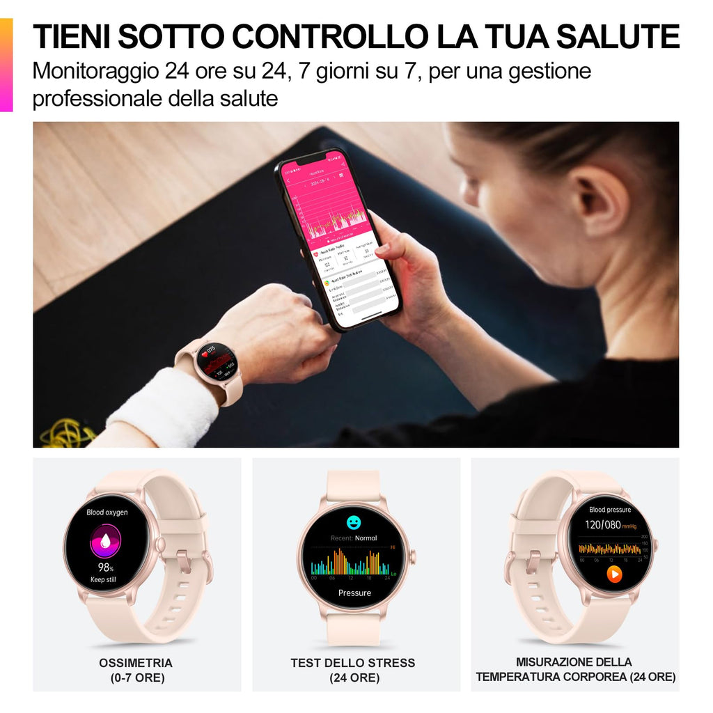 AcclaFit Smartwatch Uomo Donna con Chiamate Bluetooth, Orologio Fitness Rotondo da 1,38" con 147+ Modalità Sportive, Cardiofrequenzimetro, Sonno, IP68 Impermeabile, Compatibile con Android iOS