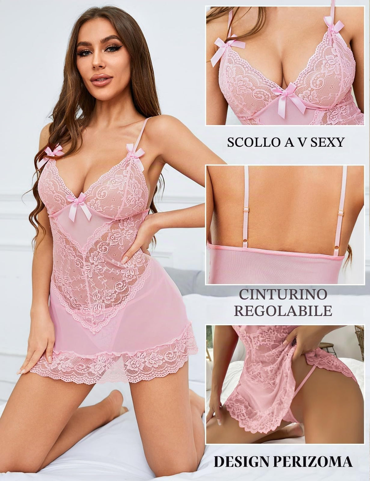 Tuopuda Lingerie Donna Sexy Intima Babydoll in Pizzo Camicia da Notte in Maglia Trasparente Intima da Notte Scollo a V Aperto Mini Abito con Perizoma