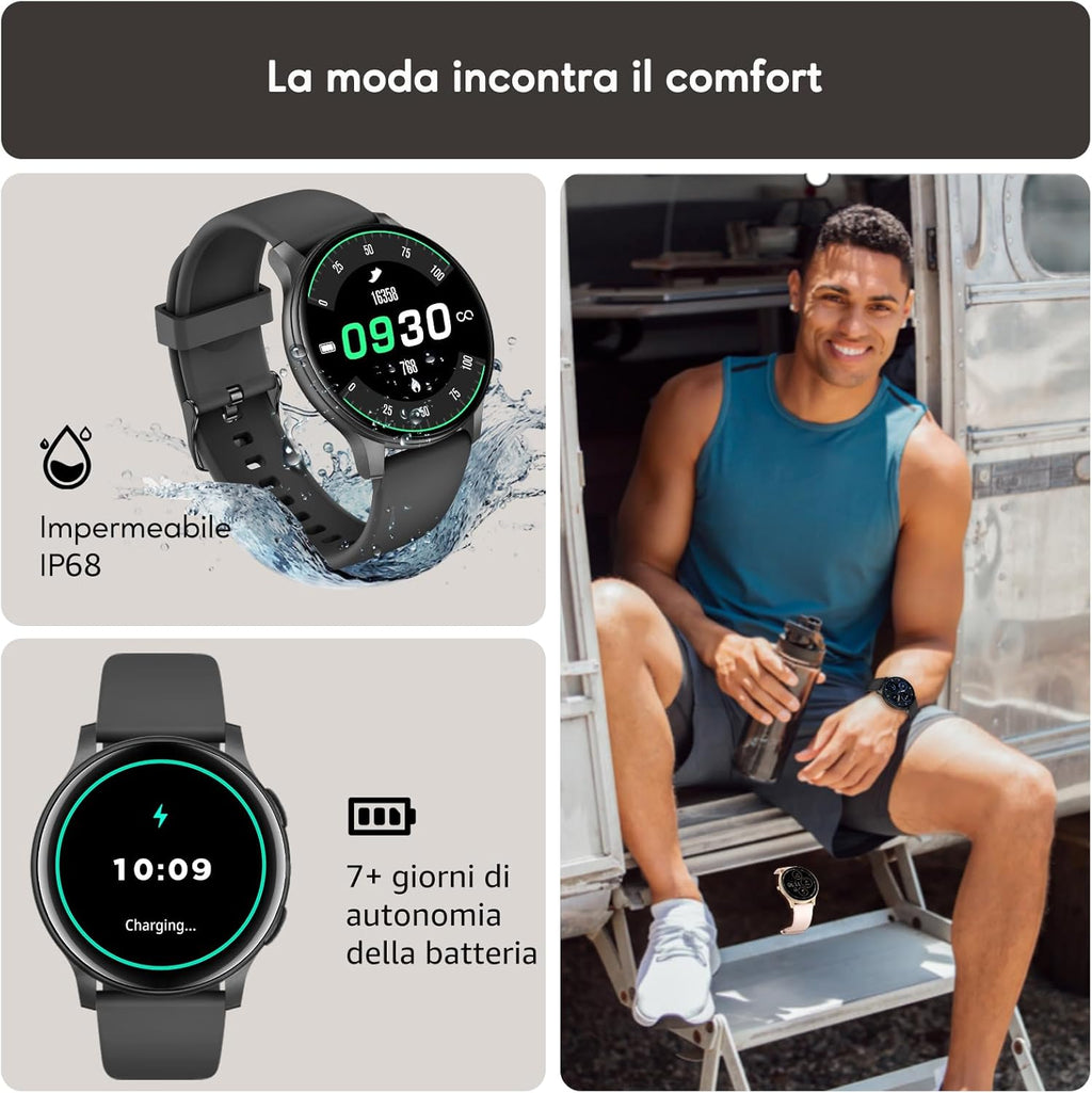 AcclaFit Smartwatch Uomo Donna con Chiamate Bluetooth, Orologio Fitness Rotondo da 1,38" con 147+ Modalità Sportive, Cardiofrequenzimetro, Sonno, IP68 Impermeabile, Compatibile con Android iOS