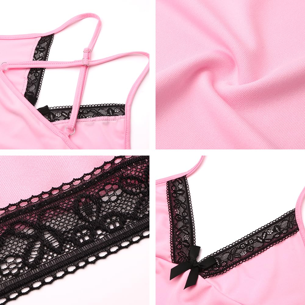 VicSec Set Pigiama Estivo da Donna Abbigliamento Casual da Notte 2 Pezzi Pigiama in Pizzo Canotta Morbida Canotta con Scollo a V Profondo Pigiama, Pigiama Corto e Ampio Stile Babydoll con Spalline