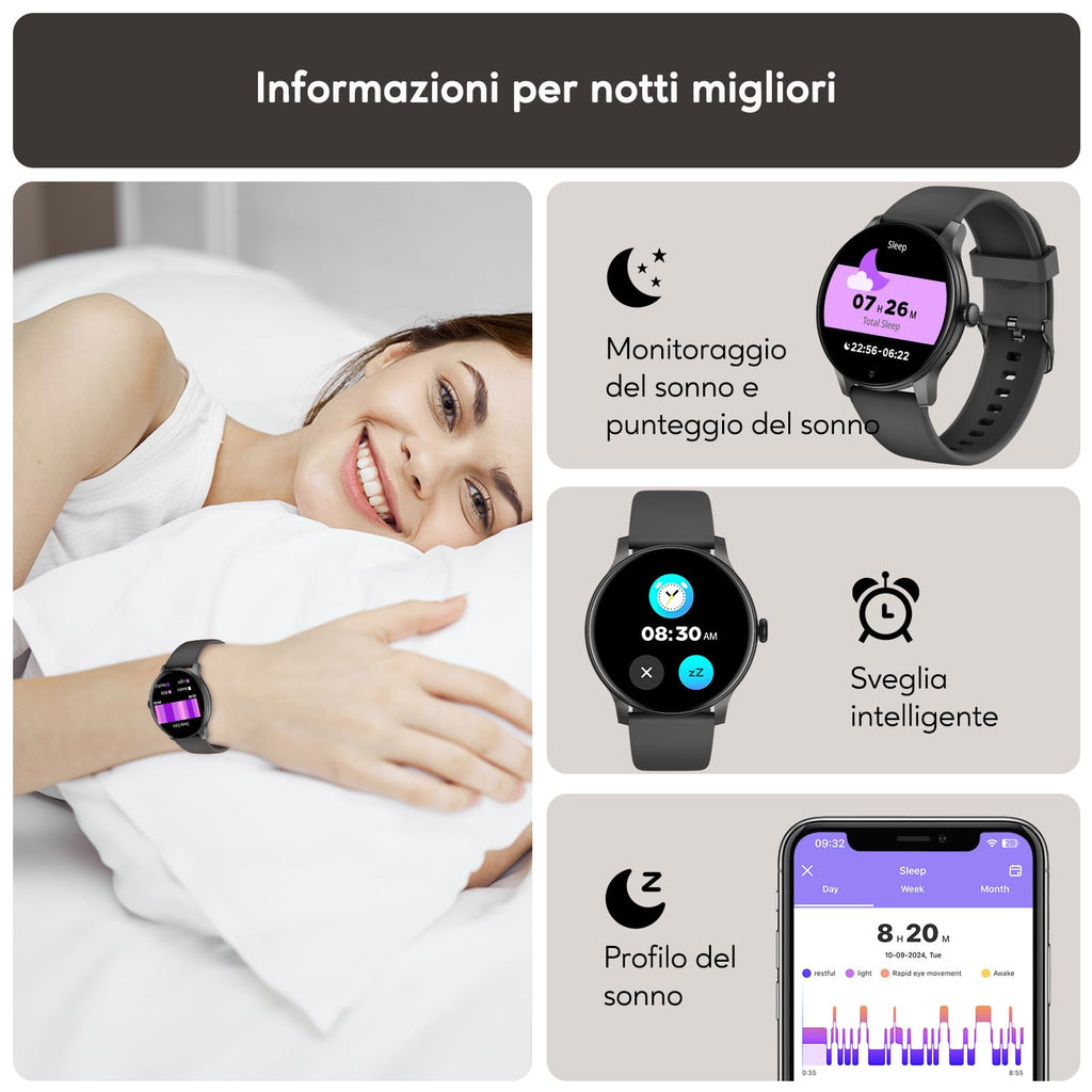 AcclaFit Smartwatch Uomo Donna con Chiamate Bluetooth, Orologio Fitness Rotondo da 1,38" con 147+ Modalità Sportive, Cardiofrequenzimetro, Sonno, IP68 Impermeabile, Compatibile con Android iOS