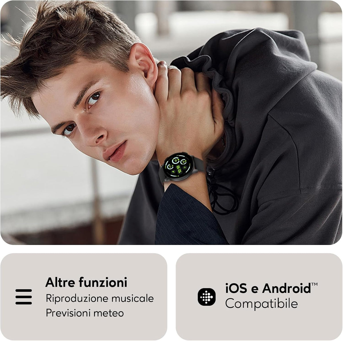 AcclaFit Smartwatch Uomo Donna con Chiamate Bluetooth, Orologio Fitness Rotondo da 1,38" con 147+ Modalità Sportive, Cardiofrequenzimetro, Sonno, IP68 Impermeabile, Compatibile con Android iOS