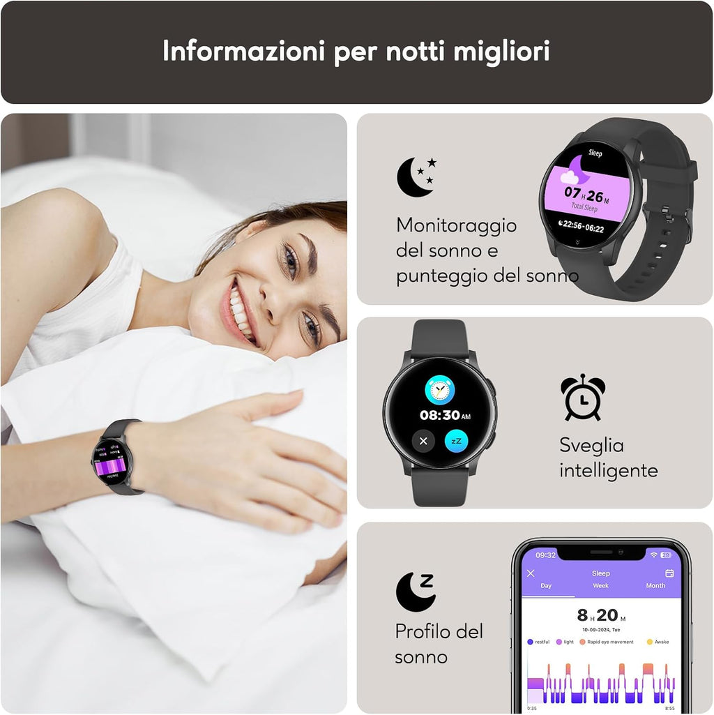 AcclaFit Smartwatch Uomo Donna con Chiamate Bluetooth, Orologio Fitness Rotondo da 1,38" con 147+ Modalità Sportive, Cardiofrequenzimetro, Sonno, IP68 Impermeabile, Compatibile con Android iOS