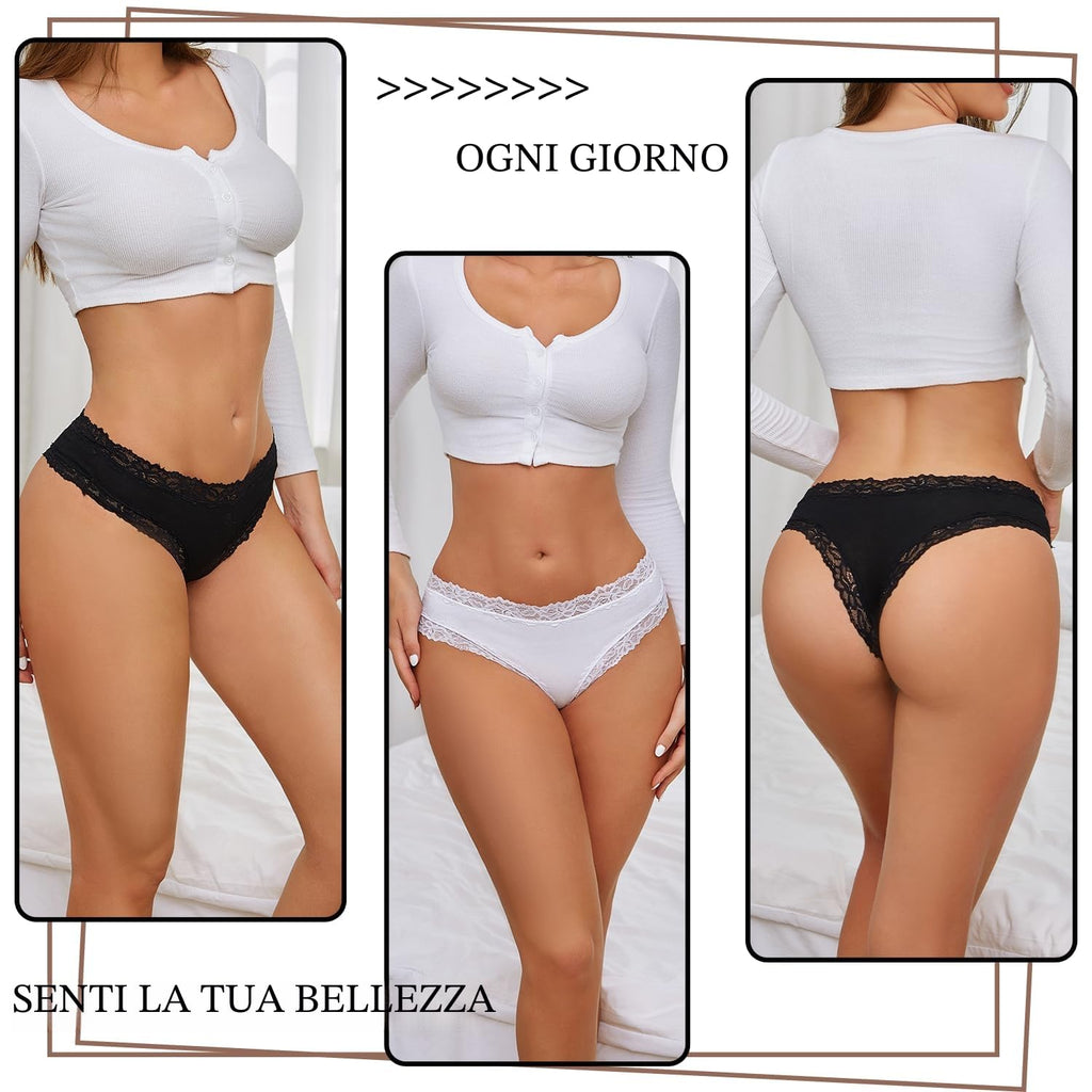 ALL OF SHE Mutande Brasiliana Donna Cotone Slip Pizzo Set Mutandine a Vita Bassa Intimo Seducente Culotte Underwear Pacco da 5