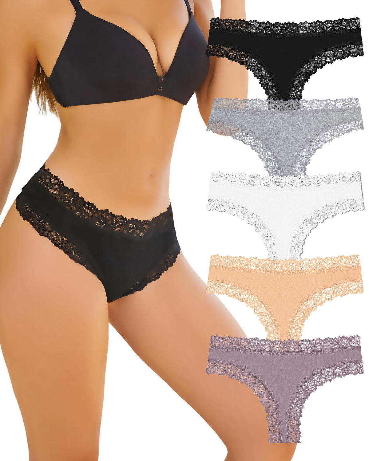 ALL OF SHE Mutande Brasiliana Donna Cotone Slip Pizzo Set Mutandine a Vita Bassa Intimo Seducente Culotte Underwear Pacco da 5