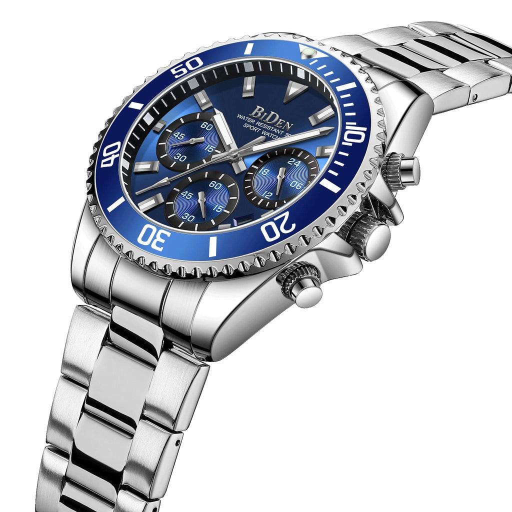 BIDEN Orologio Uomo Orologio Militare Acciaio Cronografo Impermeabile Luminosi Design Orologi Quadrante Grande da Polso Elegante Sportivo Analogici Data…