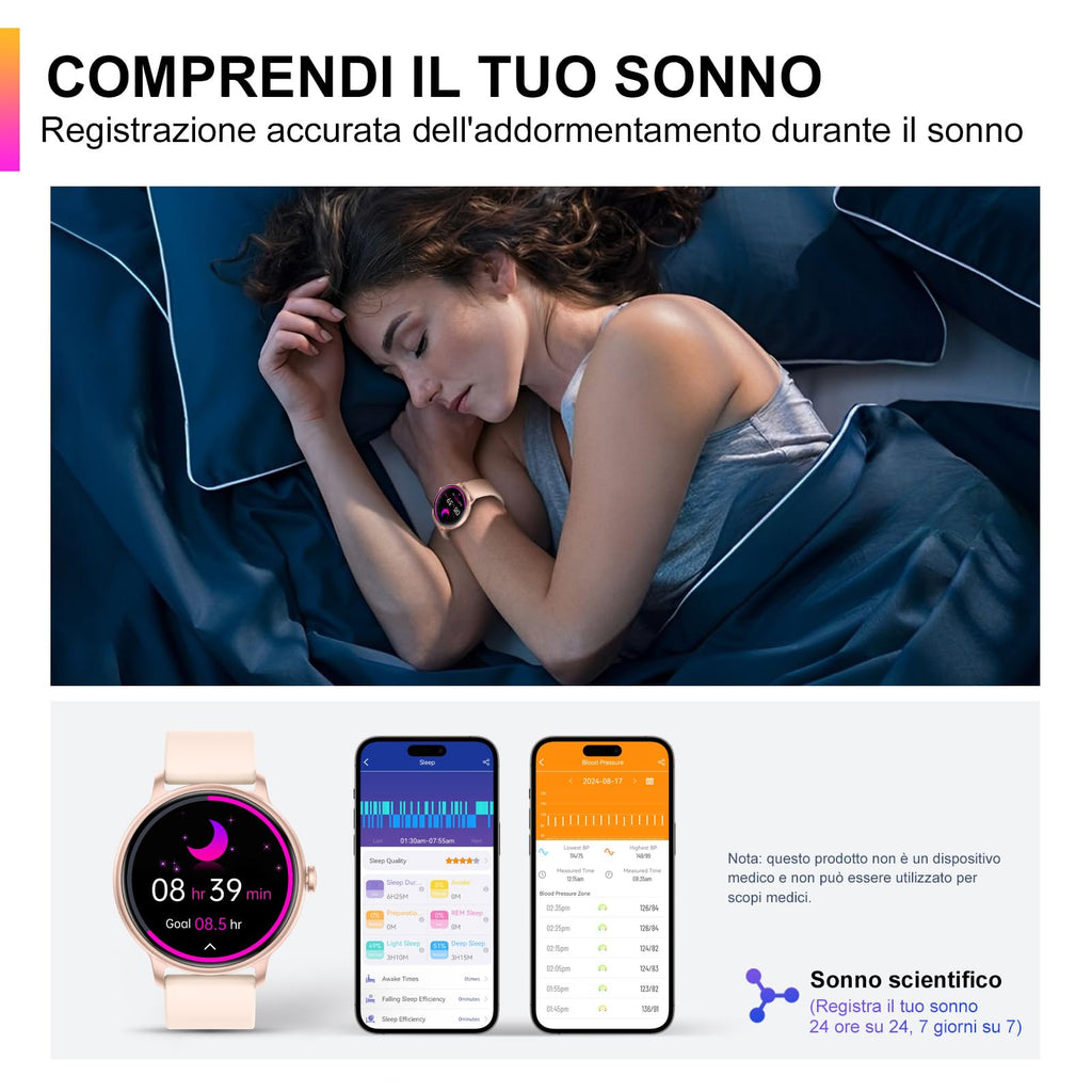 AcclaFit Smartwatch Uomo Donna con Chiamate Bluetooth, Orologio Fitness Rotondo da 1,38" con 147+ Modalità Sportive, Cardiofrequenzimetro, Sonno, IP68 Impermeabile, Compatibile con Android iOS