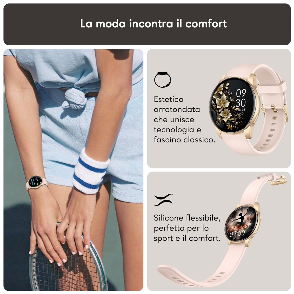AcclaFit Smartwatch Uomo Donna con Chiamate Bluetooth, Orologio Fitness Rotondo da 1,38" con 147+ Modalità Sportive, Cardiofrequenzimetro, Sonno, IP68 Impermeabile, Compatibile con Android iOS