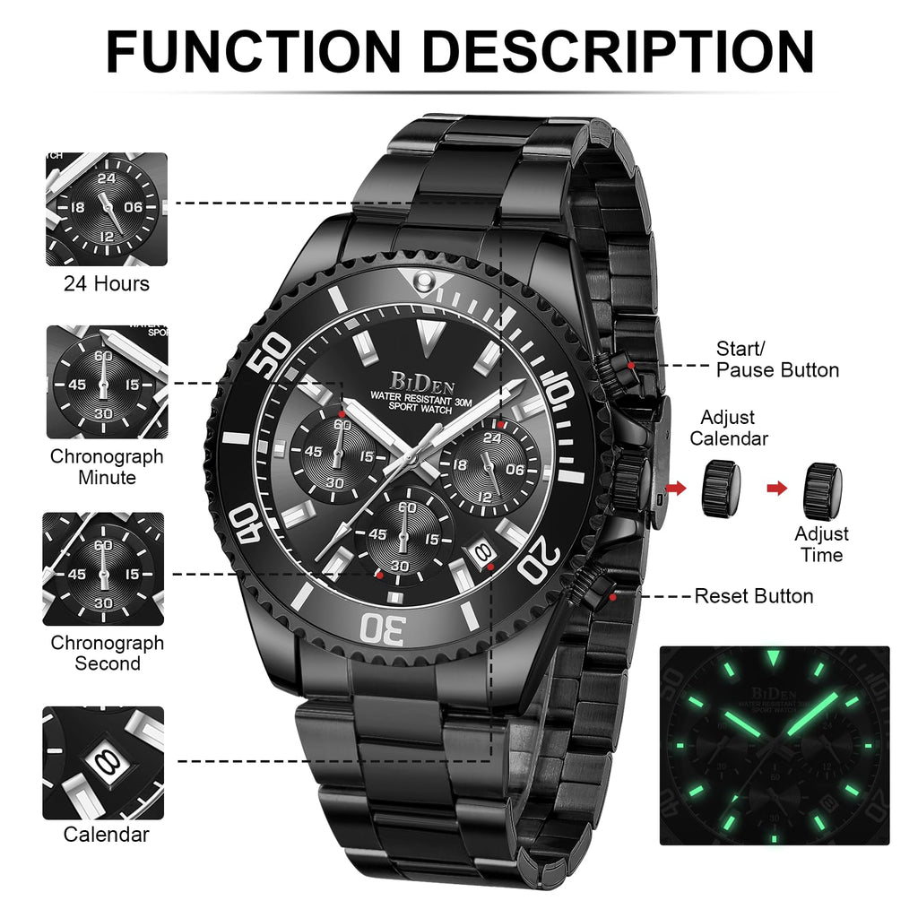 BIDEN Orologio Uomo Orologio Militare Acciaio Cronografo Impermeabile Luminosi Design Orologi Quadrante Grande da Polso Elegante Sportivo Analogici Data…