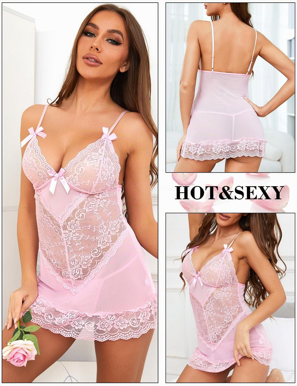 Tuopuda Lingerie Donna Sexy Intima Babydoll in Pizzo Camicia da Notte in Maglia Trasparente Intima da Notte Scollo a V Aperto Mini Abito con Perizoma