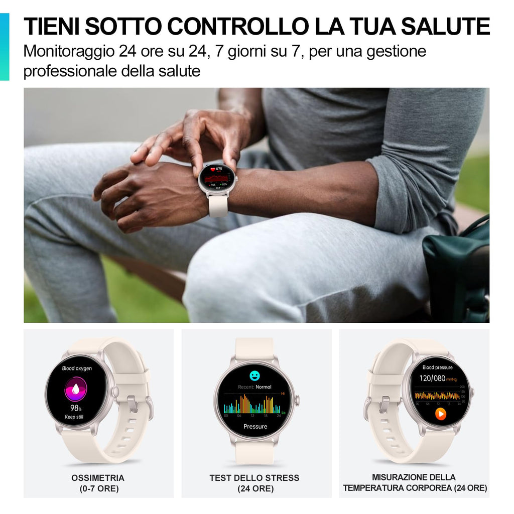 AcclaFit Smartwatch Uomo Donna con Chiamate Bluetooth, Orologio Fitness Rotondo da 1,38" con 147+ Modalità Sportive, Cardiofrequenzimetro, Sonno, IP68 Impermeabile, Compatibile con Android iOS